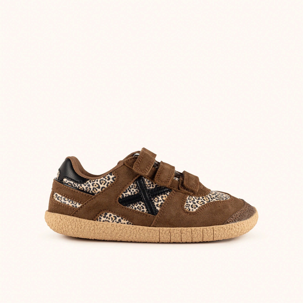 [8445648801459-28] MUNICH MINI GOAL W VCO 1634 Barefoot kids' classic and flat brown sneakers with leopard print and velcro (28)