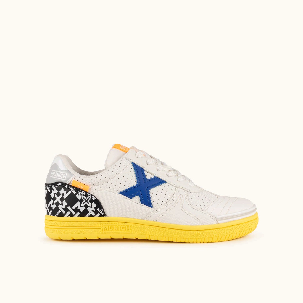 [8445648816118-36] MUNICH G-3 KID 463 Kids' indoor football shoes in white with a yellow sole and blue details. (36)