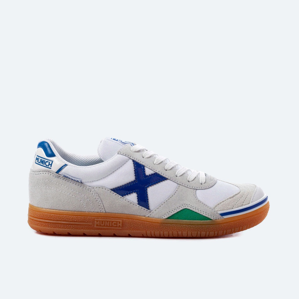 [3000604-39] MUNICH GRESCA 04 Zapatillas fÃºtbol sala de piel y serraje en blanco y gris con azul (39)