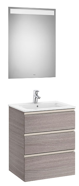 Conjunto Pack The Gap (mueble base c/3 cajones, lavabo central y espejo LED) 605x460x763 mm, roble city text., (A851517402)