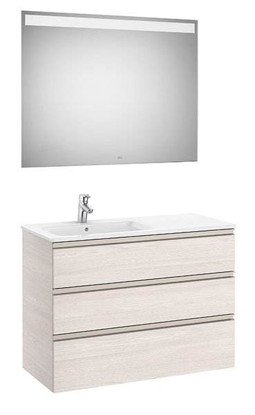 Conjunto Pack The Gap (mueble base c/3 cajones, lavabo izquierda y espejo LED) 1005x460x763 mm, fresno nórdico, (A851522434)