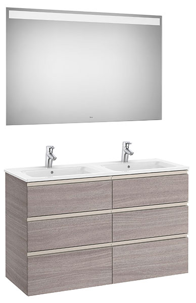 Conjunto Pack The Gap (mueble base c/6 cajones, lavabo doble y espejo LED) 1200x460x763 mm, roble city text., (A851524402)