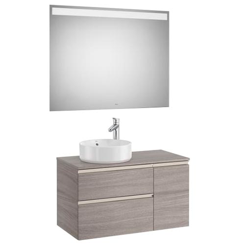 Mueble base Pack The Gap c/2 cajones, p/lavabo de sobre encimera izquierda y espejo LED, 900x460x537 mm, nogal, (A851534517)