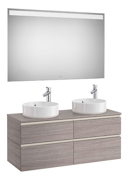 Conjunto Pack The Gap (mueble base 4 caj., espejo LED, p/2 lav. sobre encimera) 1200x460x537 mm, roble city text., (A851537402)
