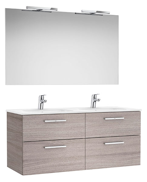 Conj. Pack New Victoria (mueble base c/4 caj., lav. doble, espejo, 2 apliq. LED) 1190x453x515 mm, roble city text., (A85160640