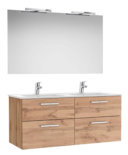 Conj. Pack New Victoria (mueble base c/4 caj., lav. doble, espejo, 2 apliq. LED) 1190x453x515 mm, nogal, (A851606517)