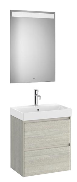 Conjunto Pack Ona (mueble base compacto c/2 cajones, lavabo FINECERAMIC y espejo LED) 550x460x645 mm, roble claro, (A851699512)