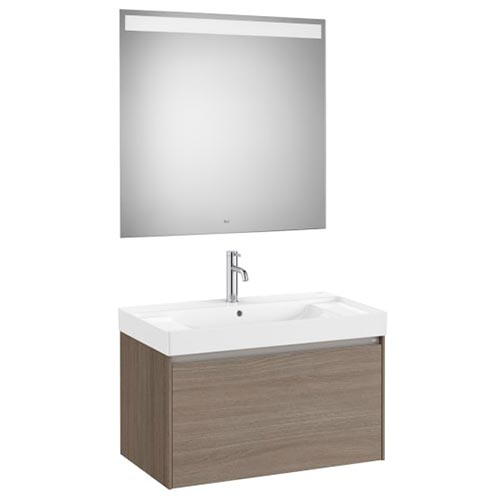 Conjunto Pack Ona (mueble base c/1 cajón, lavabo centrado de FINECERAMIC y espejo LED) 800x460x505 mm, olmo oscuro, (A851701511)