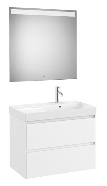 Conjunto Pack Ona (mueble base c/2 cajones, lavabo de FINECERAMIC dcha. y espejo LED) 800x460x645 mm, blanco mate, (A851706509)