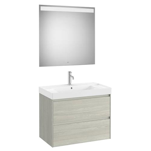 Conjunto Pack Ona (mueble base c/2 cajones, lavabo de FINECERAMIC cen. y espejo LED) 800x460x645 mm, roble claro, (A851707512)