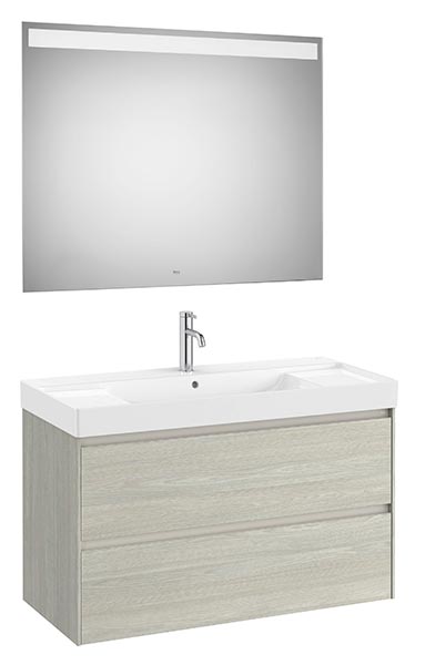 Conjunto Pack Ona (mueble base c/2 cajones, lavabo de FINECERAMIC y espejo LED) 1000x460x645 mm, roble claro, (A851709512)