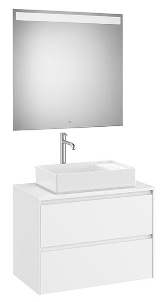 Conjunto Pack Ona (mueble base c/2 caj., lav. FINECERAMIC sobreenc. cent., espejo LED) 794x457x583 mm, blanco mate, (A851716509)