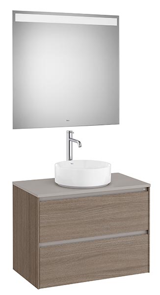 Conjunto Pack Ona (mueble base c/2 caj., lav. FINECERAMIC sobreenc. cent., espejo LED) 794x457x583 mm, olmo oscuro, (A851716511)