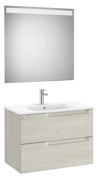 Conjunto Aleyda Pack (mueble base c/2 cajones, lavabo centrado y espejo LED) 805x460x565 mm, blanco madera, (A851836525)