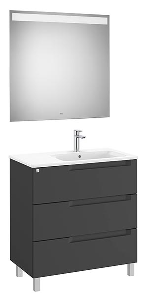 Conjunto Aleyda Pack (mueble base c/3 cajones, lavabo a la derecha y espejo LED) 805x460x740 mm, negro mate, (A851843523)