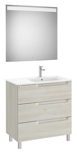 Conjunto Aleyda Pack (mueble base c/3 cajones, lavabo a la derecha y espejo LED) 805x460x740 mm, blanco madera, (A851843525)