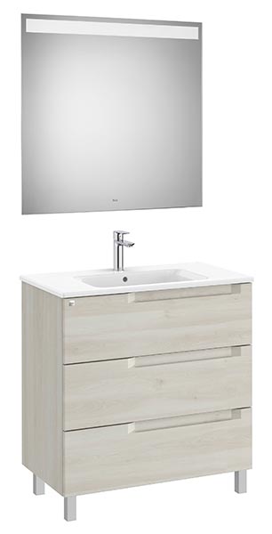 Conjunto Aleyda Pack (mueble base c/3 cajones, lavabo centrado y espejo LED) 805x460x740 mm, blanco madera, (A851844525)