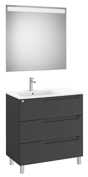 Conjunto Aleyda Pack (mueble base c/3 cajones, lavabo a la izquierda y espejo LED) 805x460x740 mm, negro mate, (A851845523)