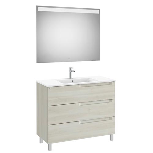 Conjunto Aleyda Pack (mueble base c/3 cajones, lavabo centrado y espejo LED) 1005x460x740 mm, blanco madera, (A851847525)