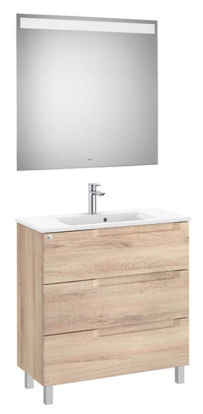 Conjunto Aleyda Pack (mueble base compacto c/3 cajones, lavabo y espejo LED) 805x380x740 mm, beige madera, (A851886524)