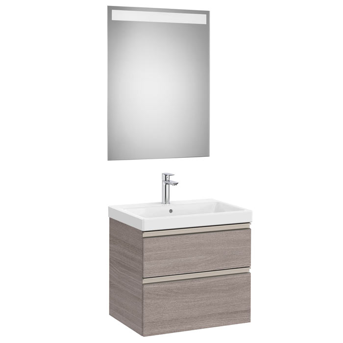 Conjunto Pack The Gap (mueble base c/2 cajones, lavabo plus central y espejo LED) 600x460x575 mm, roble city tex., (A851974402)