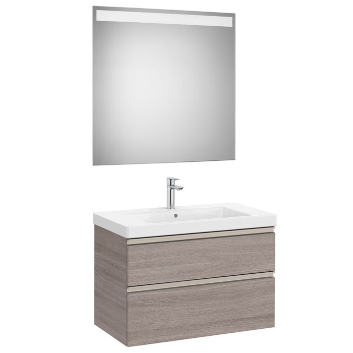 Conjunto Pack The Gap (mueble base c/2 cajones, lavabo plus central y espejo LED) 800x460x575 mm, roble city tex., (A851975402)