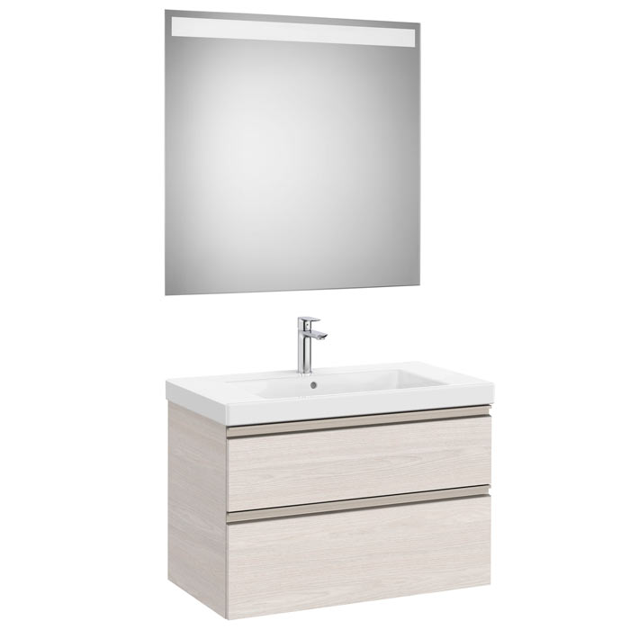Conjunto Pack The Gap (mueble base c/2 cajones, lavabo plus central y espejo LED) 800x460x575 mm, fresno nórdico, (A851975434)