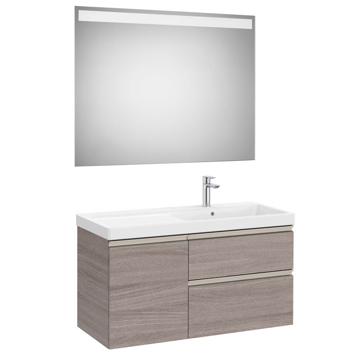 Conj. Pack The Gap (mueble base c/2 caj., 1 puerta, lavabo plus der. y espejo LED) 1000x460x575 mm, roble city tex., (A851980402