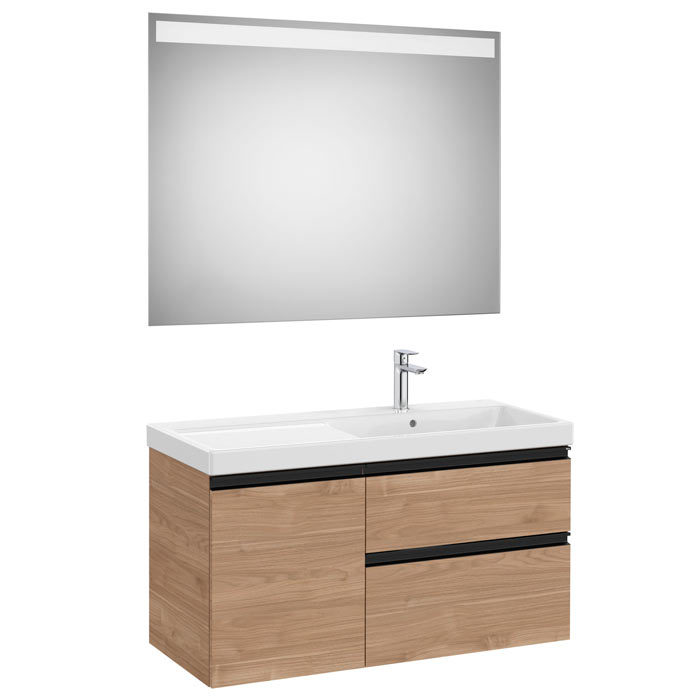 Conj. Pack The Gap (mueble base c/2 caj., 1 puerta, lavabo plus der. y espejo LED) 1000x460x575 mm, nogal, (A851980517)