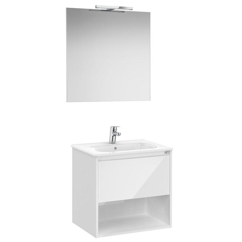 Pack Tenor (mueble c/1 cajón, estante abierto, lavabo, espejo y aplique LED) 605x460x580 mm, blanco brillo, (A852086806)