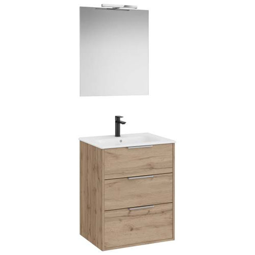 Conjunto Pack Optica (mueble base compacto c/3 cajones, lavabo, espejo y aplique Starlight) 600x455x757 mm, nogal, (A852464517)