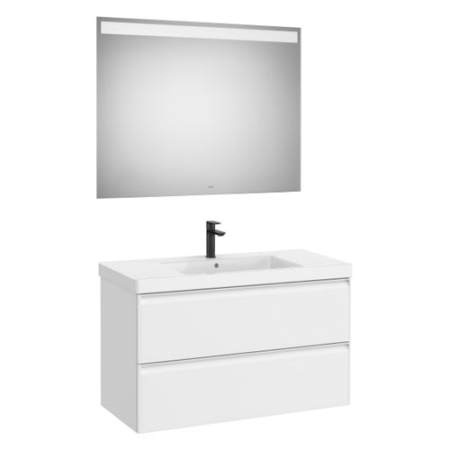 Conjunto Pack Linea (mueble base c/2cajones, lav. FINECERAMIC centrado, esp. LED Eidos), 1000x455x625 mm, bl. mate, (A852497509)
